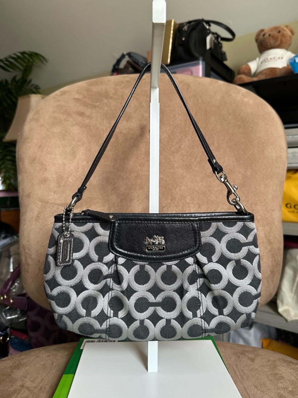 #99. Coach Madison Horse & Carriage Pleated OP Art Gray Mini Bag Large Wrislet